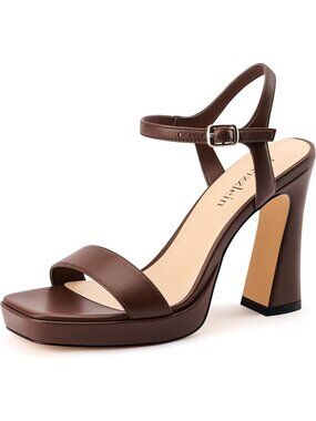 Women's Chunky High Heels Ankle Strap Brown Square Open Toe Block Heel Shoes